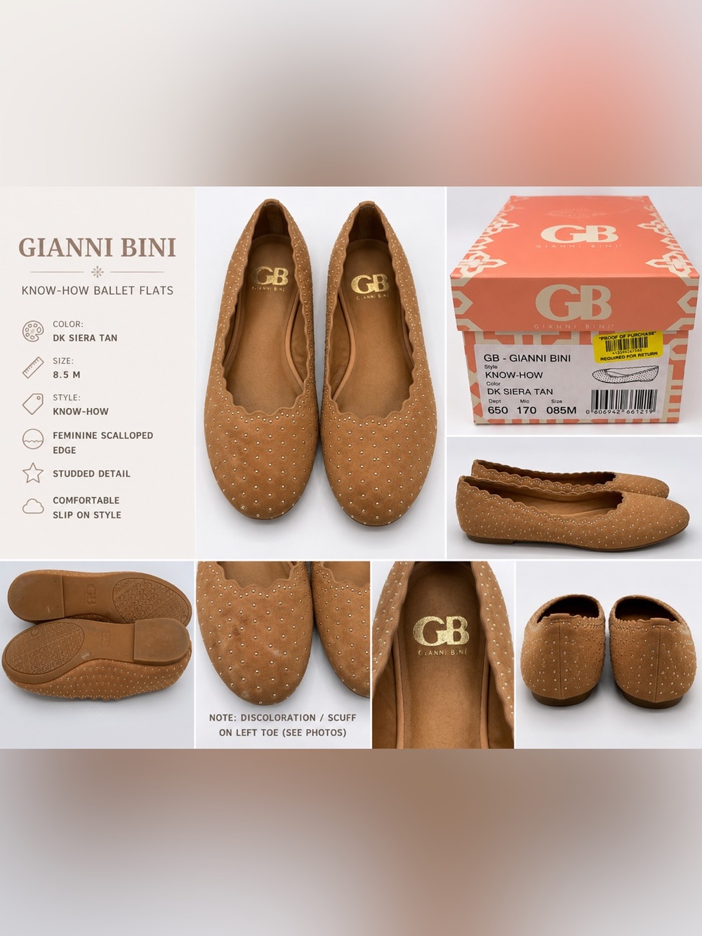 Gianni Bini Know-How Ballet Flats Tan Studded Scallop Edge Womens 8.5M Office